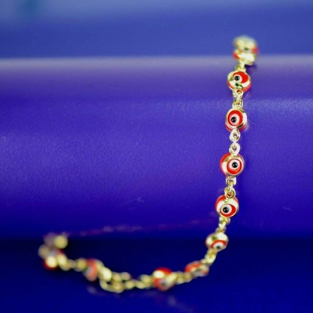 Solid 14k Yellow Gold Evil Eye 6" Bracelets - image 5